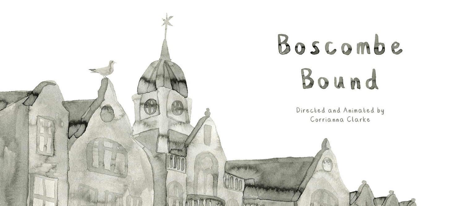 Black and white watercolour painting of buildings, with the text 'Boscombe Bound'