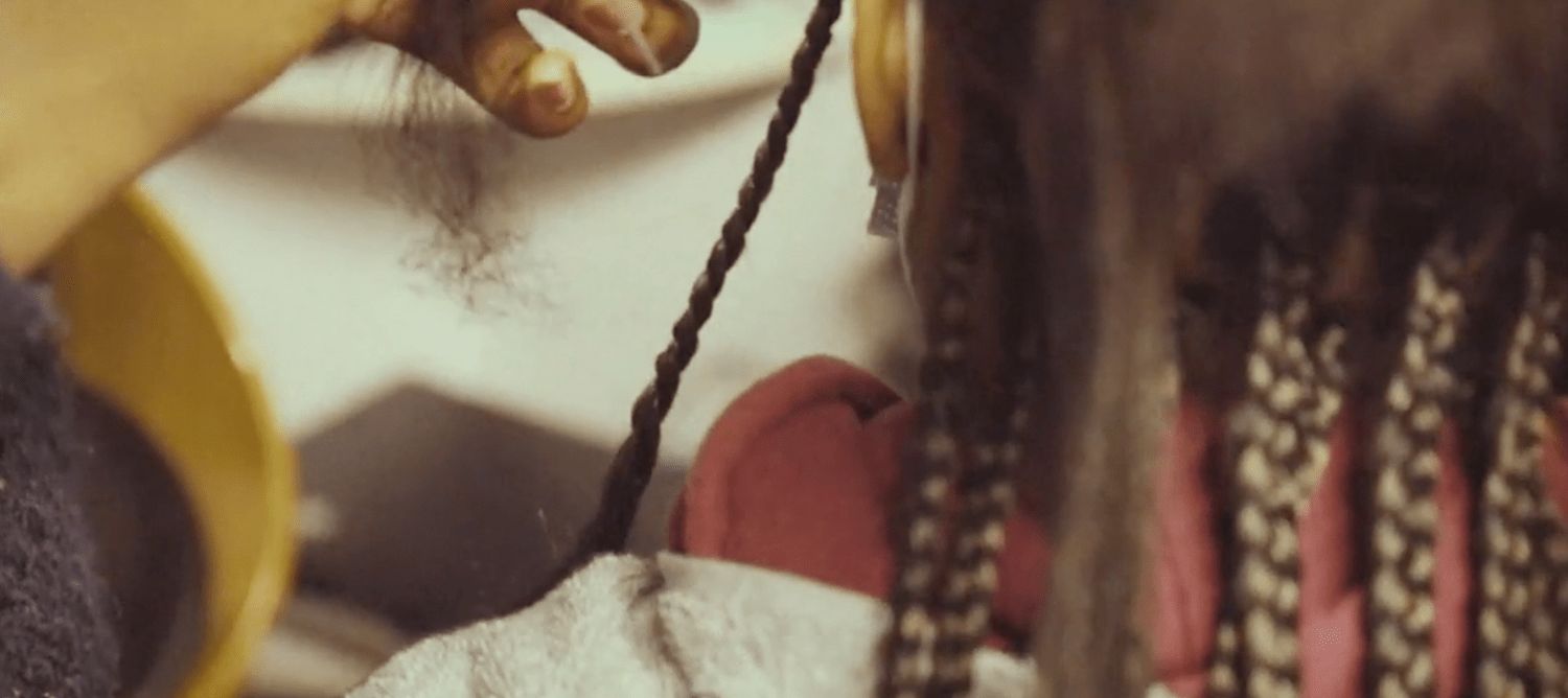 Close up of hair braids, with a hand braiding a strand of hair.