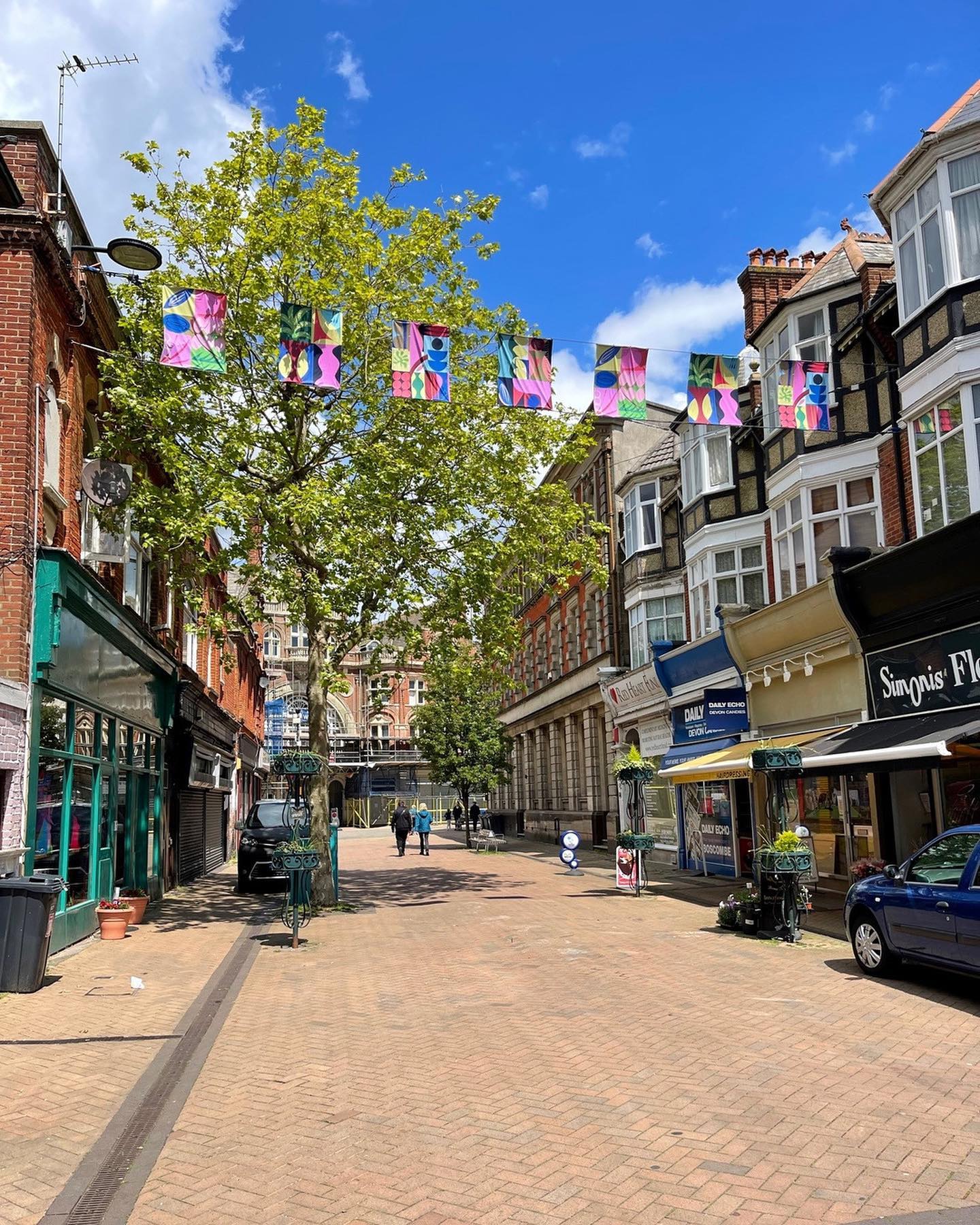 Side street photograph of Roberta Fox's Boscombe flags. The flags are a collage of different shapes and forms and very colourful