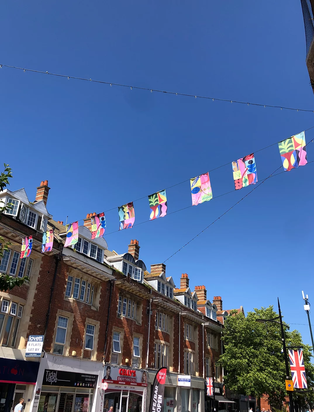 A photograph of artist Roberta Fox's flags hung up along Boscombe high street
