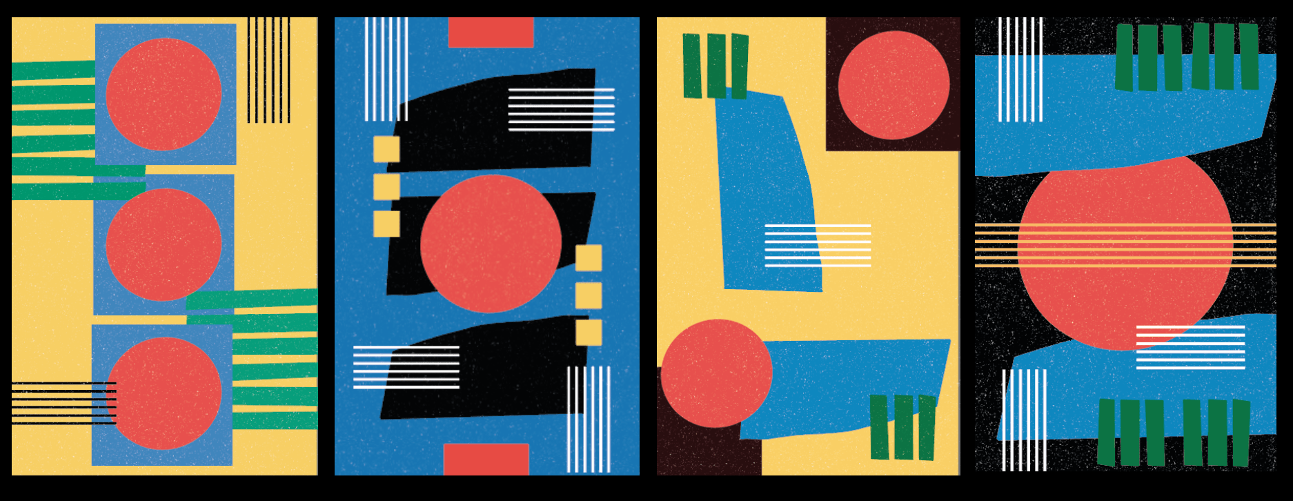 Nat cook's boscombe flags. An image of four flags with abstract shapes and bold colours
