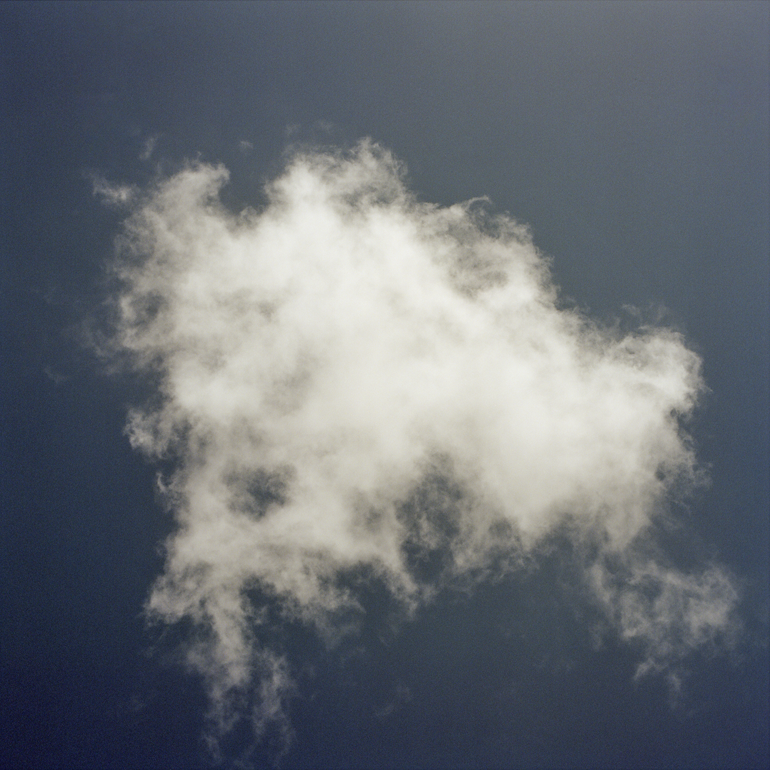 A white lonely cloud in the sky, with a green blue sky.