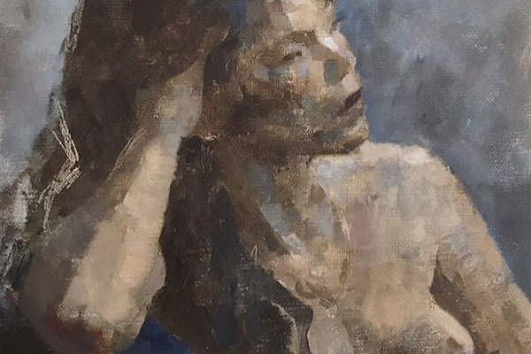 Painting of a nude women from the shoulders up. Painted in muted tones and the image has the woman resting her head on her hand.